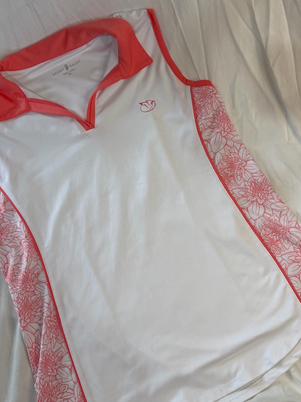 Sport Haley White and Coral Floral-Trim Sleeveless Polo Tank